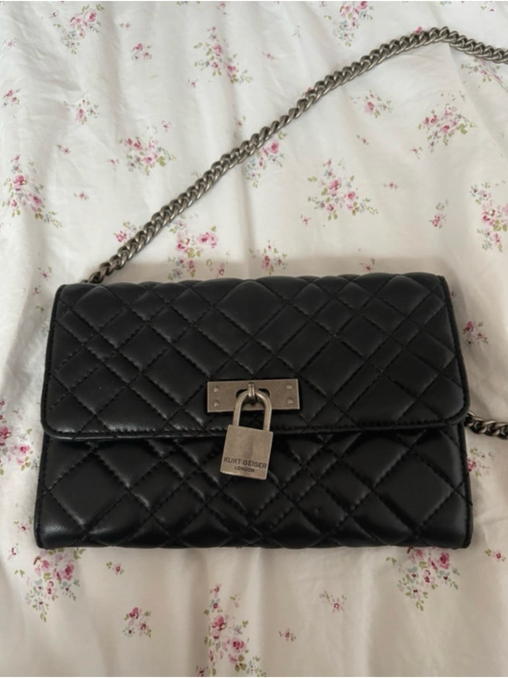 Kurt Geiger Black Quilted Leather Chain Shoulder Bag with Padlock